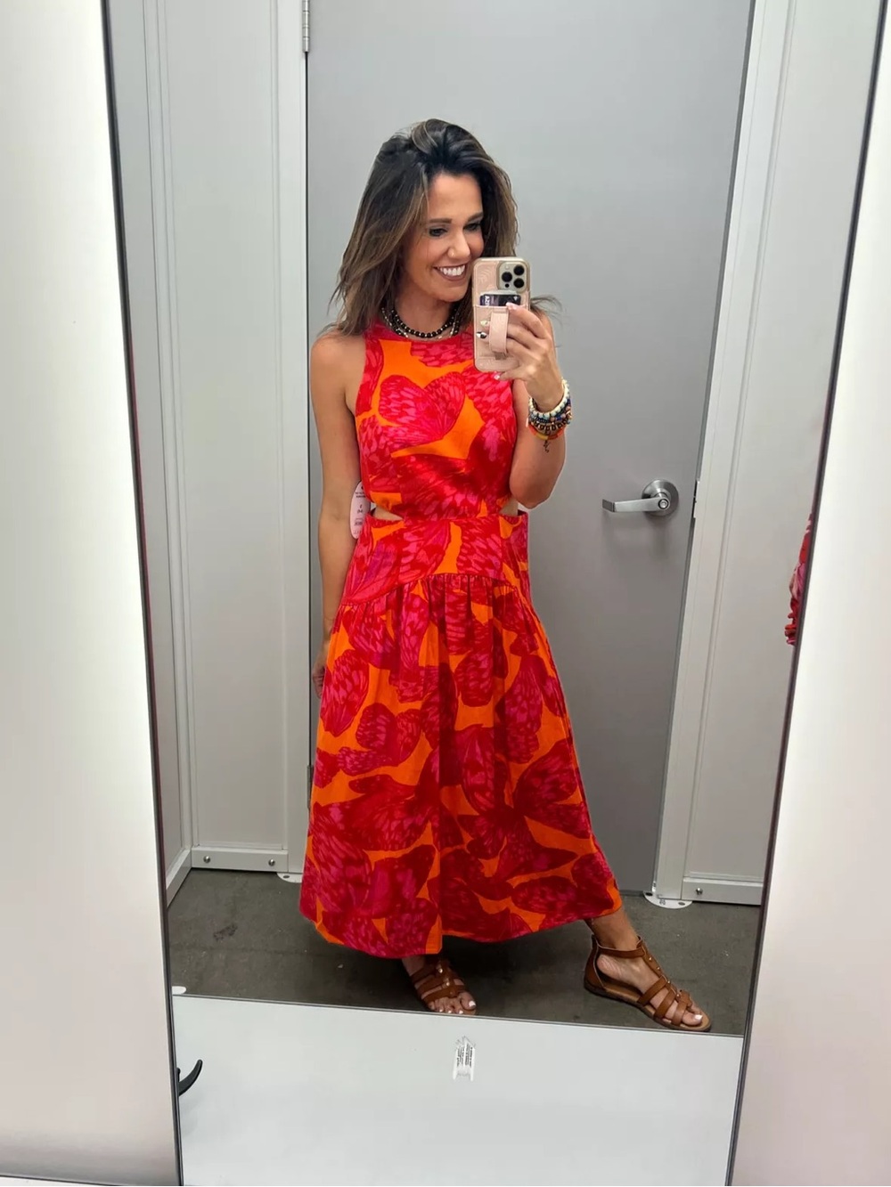 Scoop Sleeveless Red & Orange Floral Midi Dress